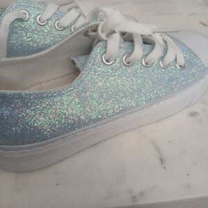 Mesiiloy Blue and White Glitter Sneakers with White Laces